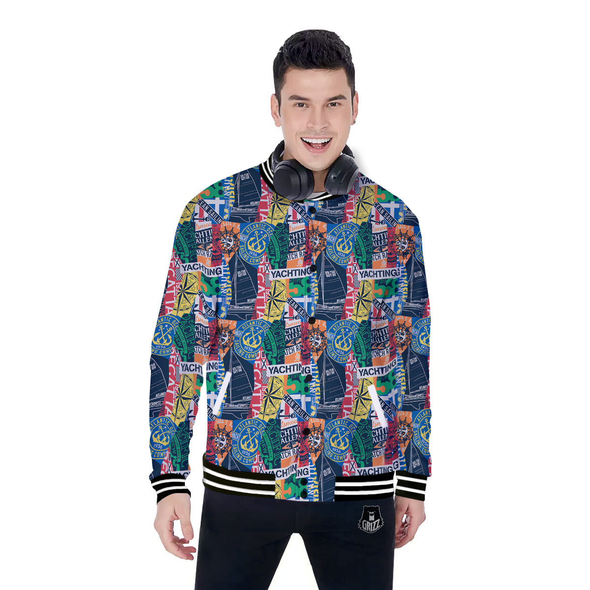 Vintage Nautical Style Colorful Print Pattern Baseball Jacket-grizzshop