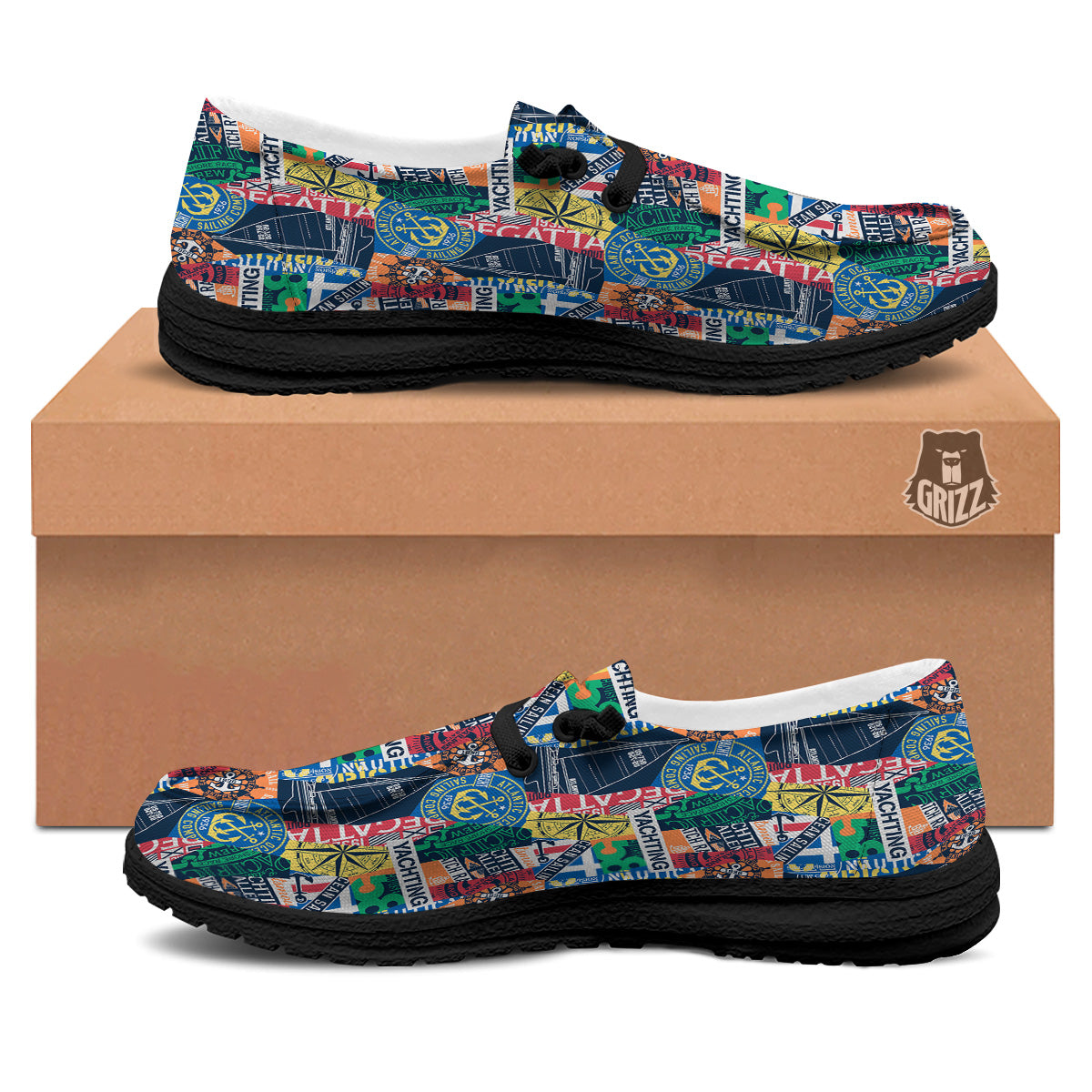 Vintage Nautical Style Colorful Print Pattern Black Loafers-grizzshop