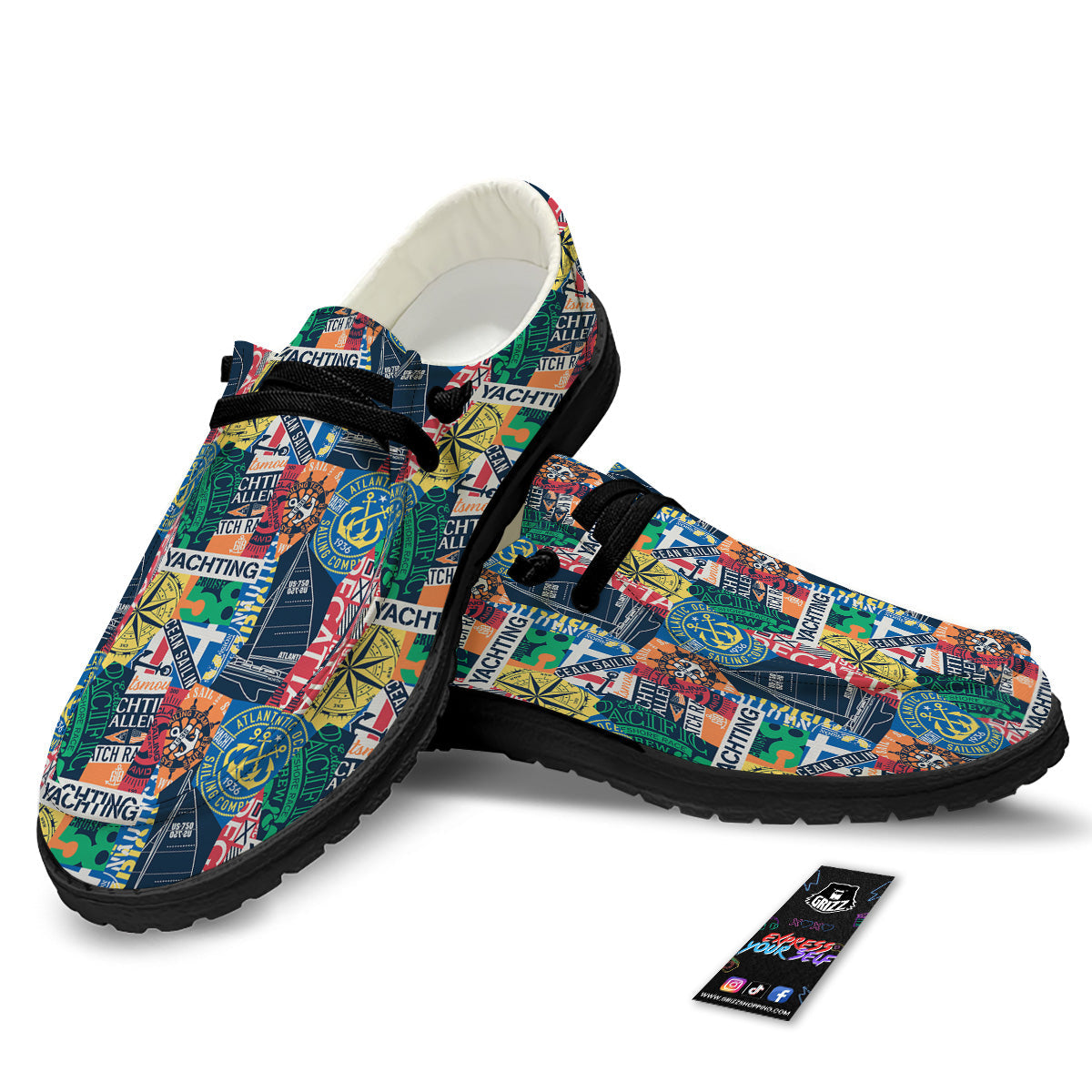 Vintage Nautical Style Colorful Print Pattern Black Loafers-grizzshop