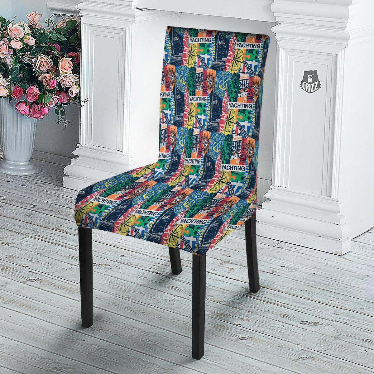 Vintage Nautical Style Colorful Print Pattern Dining Chair Slipcover-grizzshop