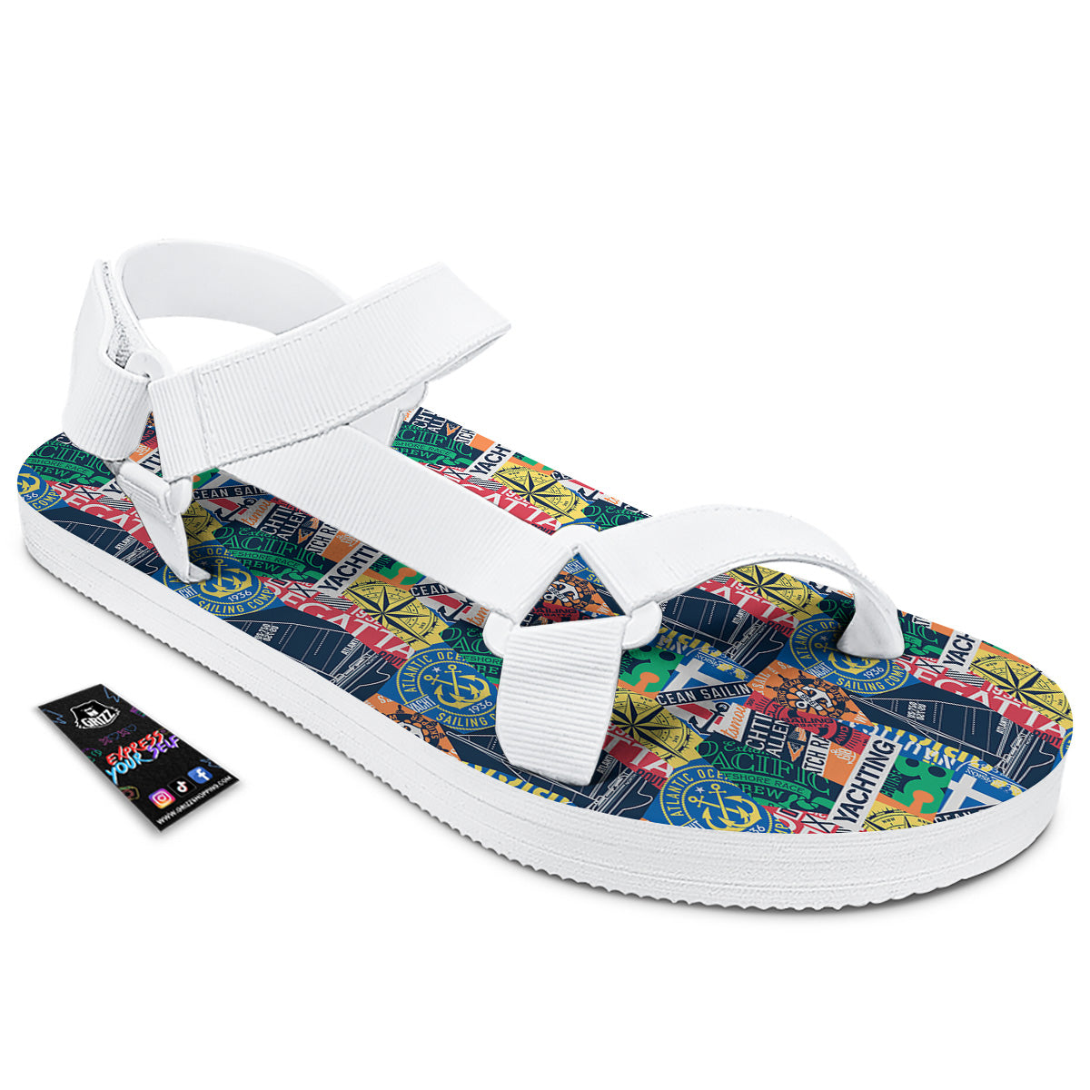Vintage Nautical Style Colorful Print Pattern White Open Toe Sandals-grizzshop