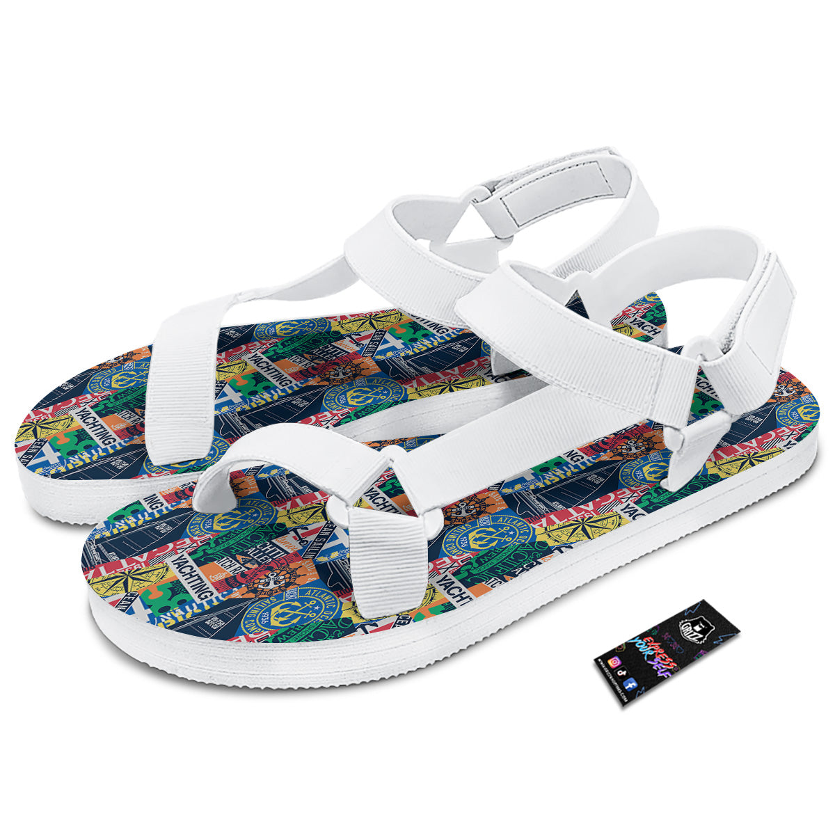 Vintage Nautical Style Colorful Print Pattern White Open Toe Sandals-grizzshop