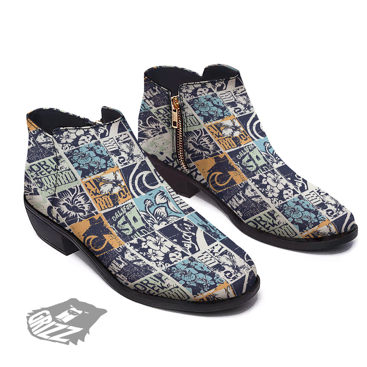 Vintage Patchwork Surfing Print Pattern Ankle Boots-grizzshop