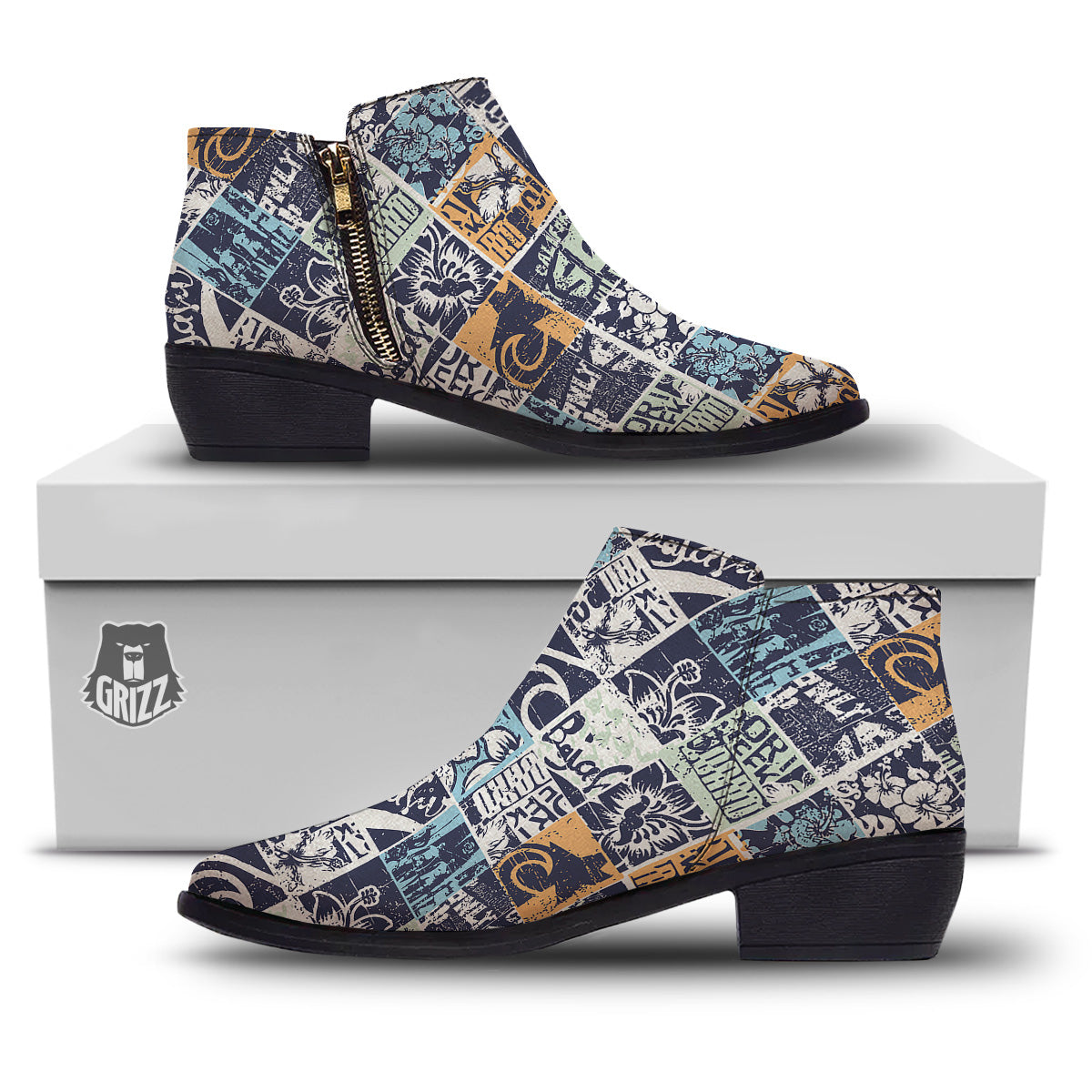 Vintage Patchwork Surfing Print Pattern Ankle Boots-grizzshop