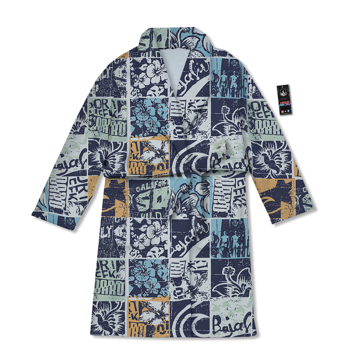 Vintage Patchwork Surfing Print Pattern Bathrobe-grizzshop