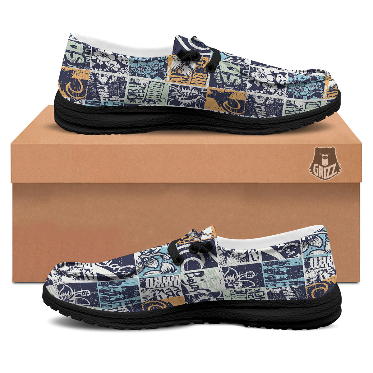 Vintage Patchwork Surfing Print Pattern Black Loafers-grizzshop
