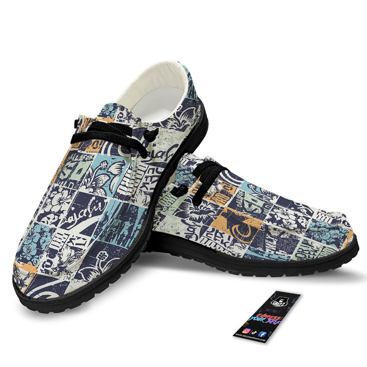 Vintage Patchwork Surfing Print Pattern Black Loafers-grizzshop