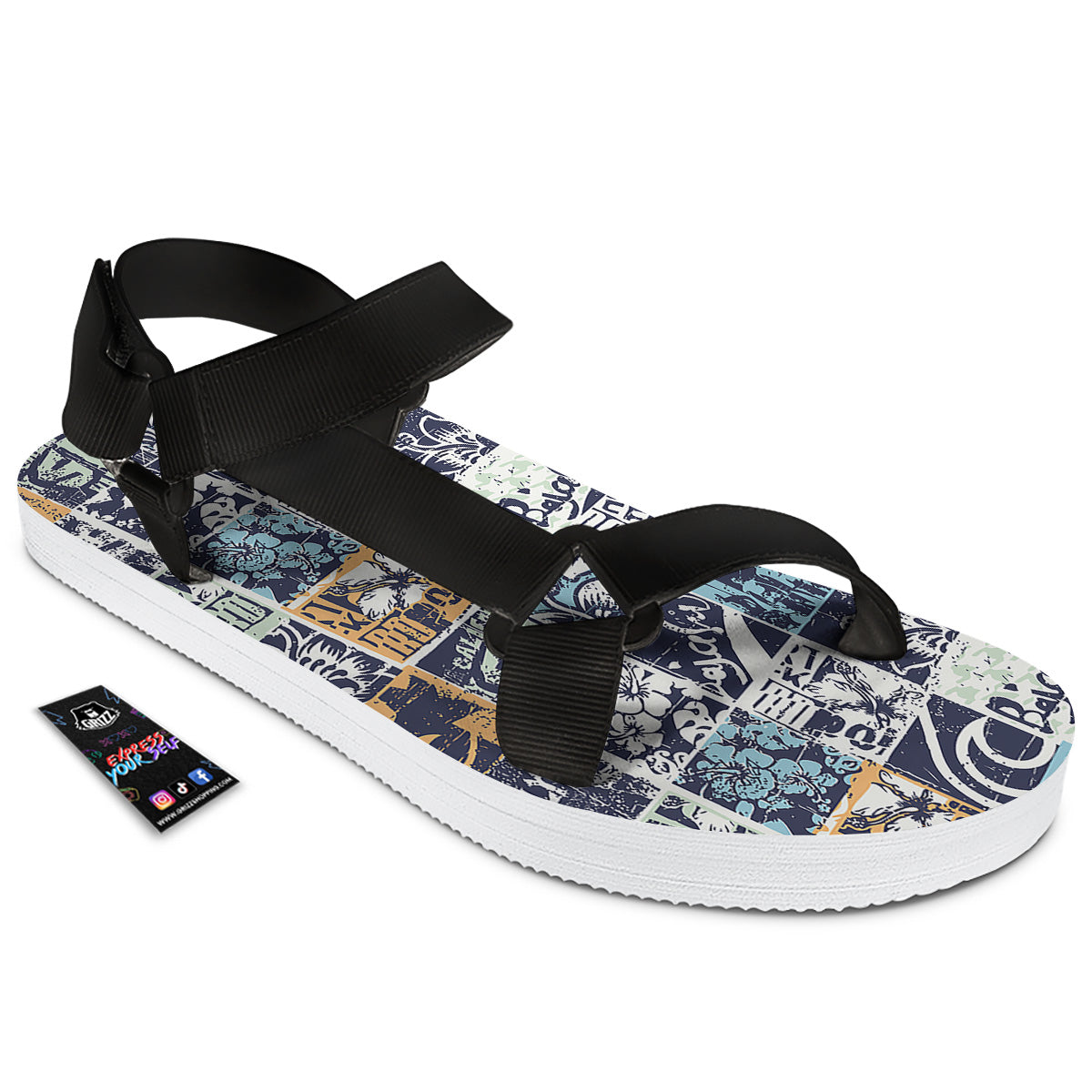 Vintage Patchwork Surfing Print Pattern Black Open Toe Sandals-grizzshop