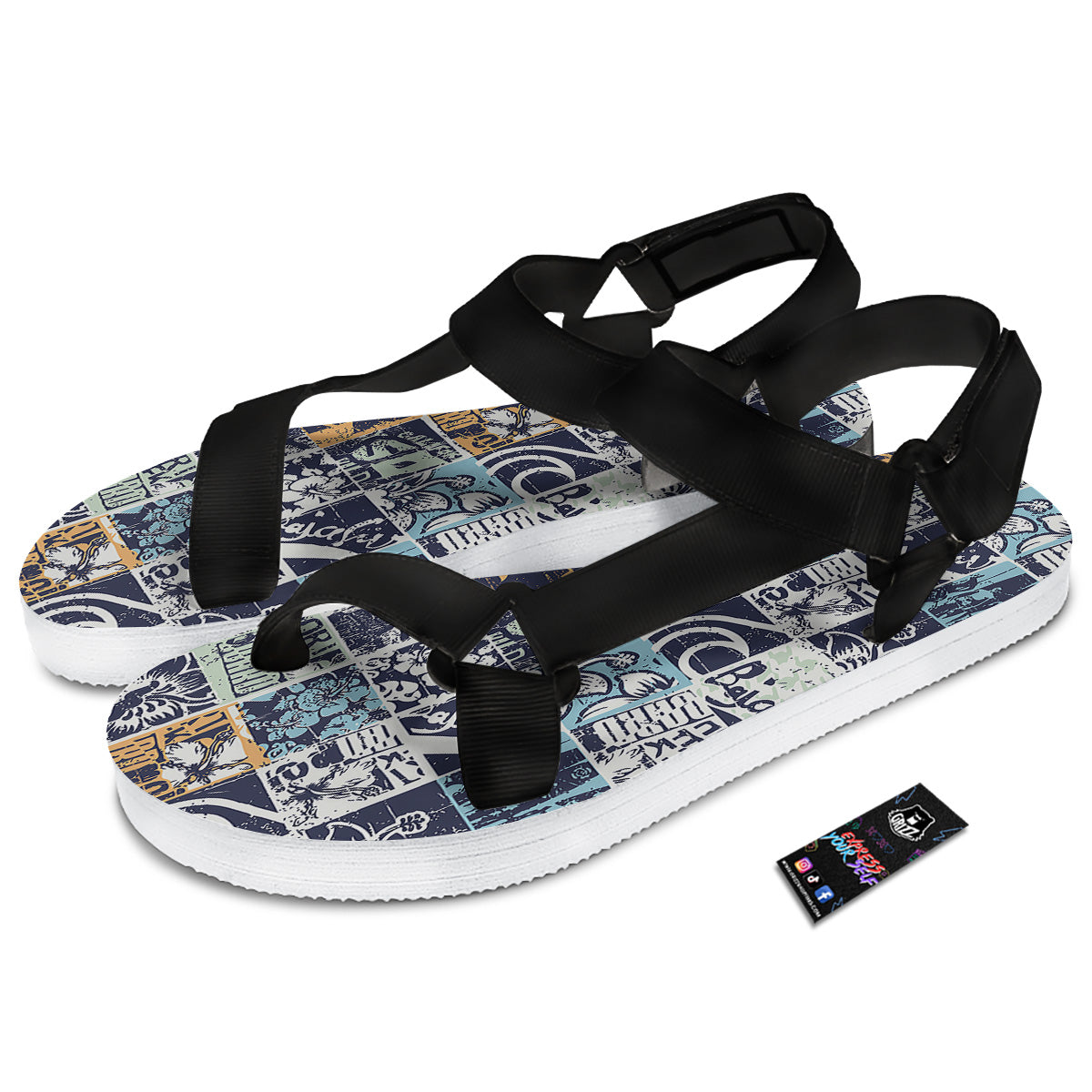 Vintage Patchwork Surfing Print Pattern Black Open Toe Sandals-grizzshop