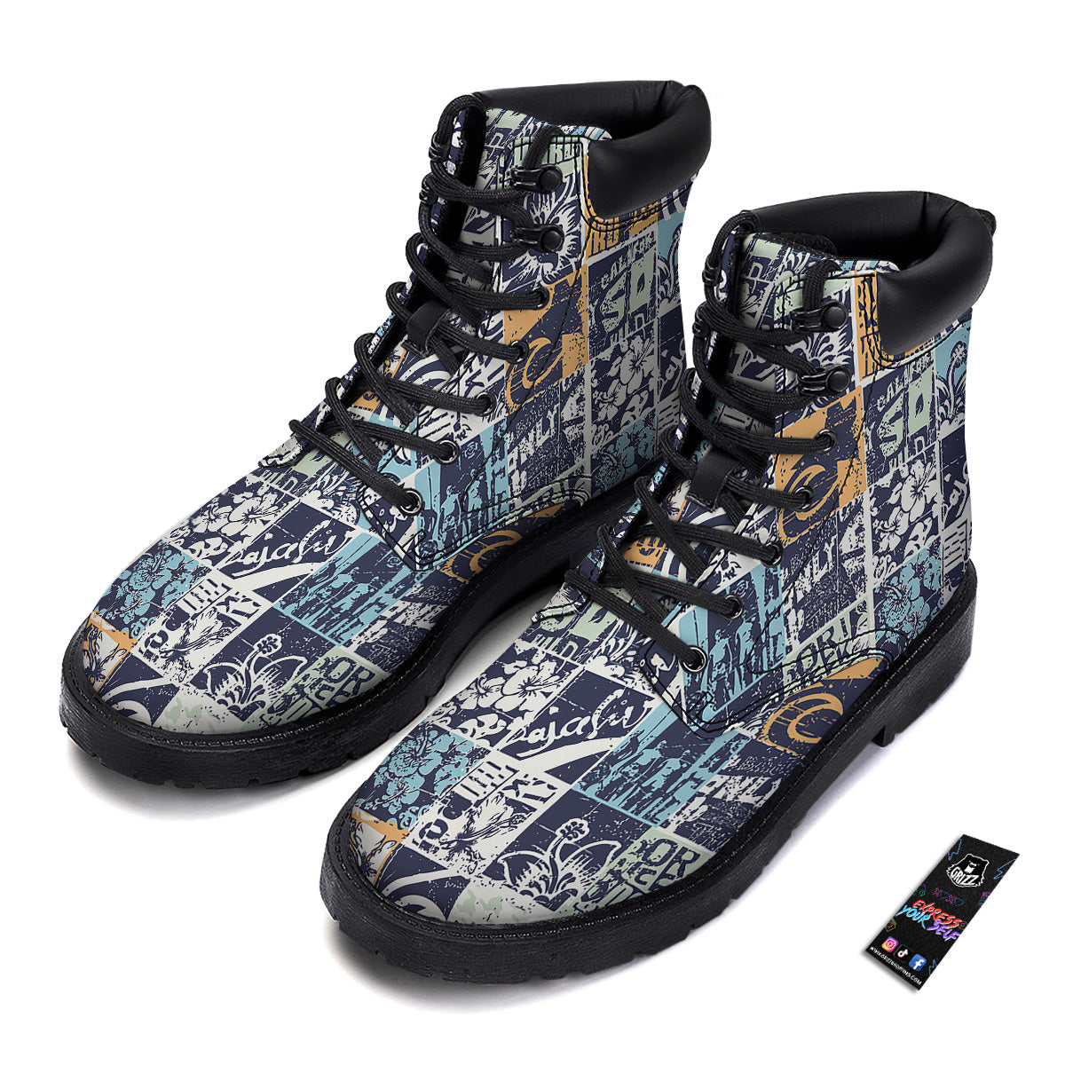 Vintage Patchwork Surfing Print Pattern Boots-grizzshop