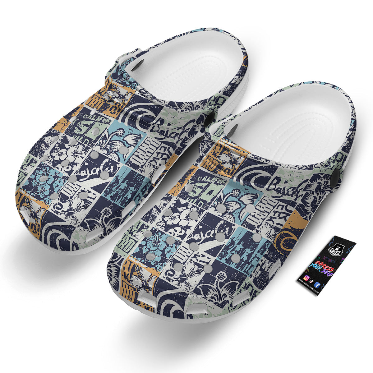 Vintage Patchwork Surfing Print Pattern Clog-grizzshop