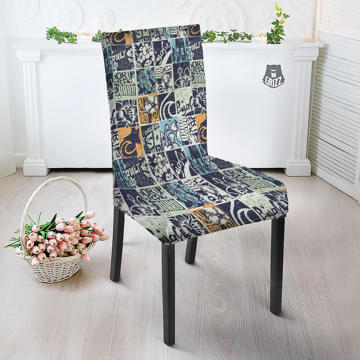 Vintage Patchwork Surfing Print Pattern Dining Chair Slipcover-grizzshop