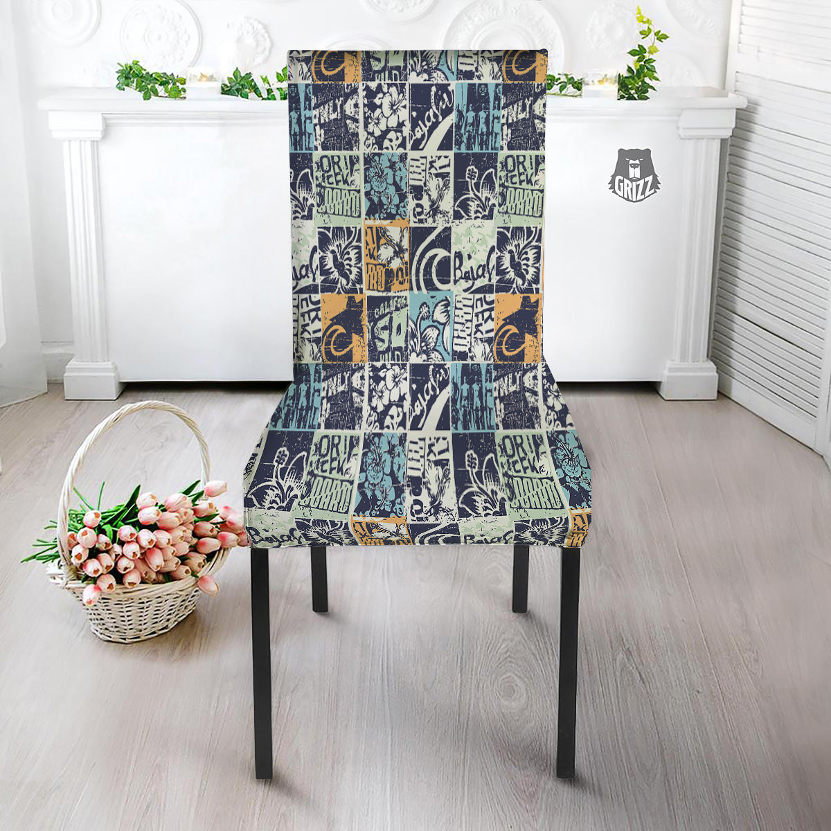 Vintage Patchwork Surfing Print Pattern Dining Chair Slipcover-grizzshop