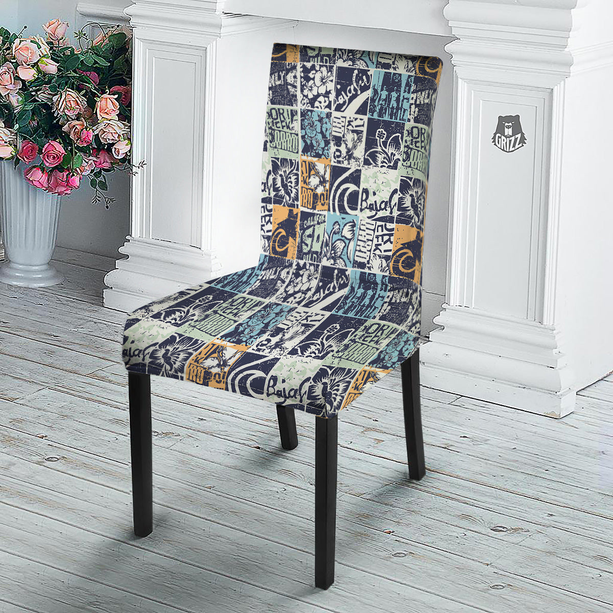 Vintage Patchwork Surfing Print Pattern Dining Chair Slipcover-grizzshop