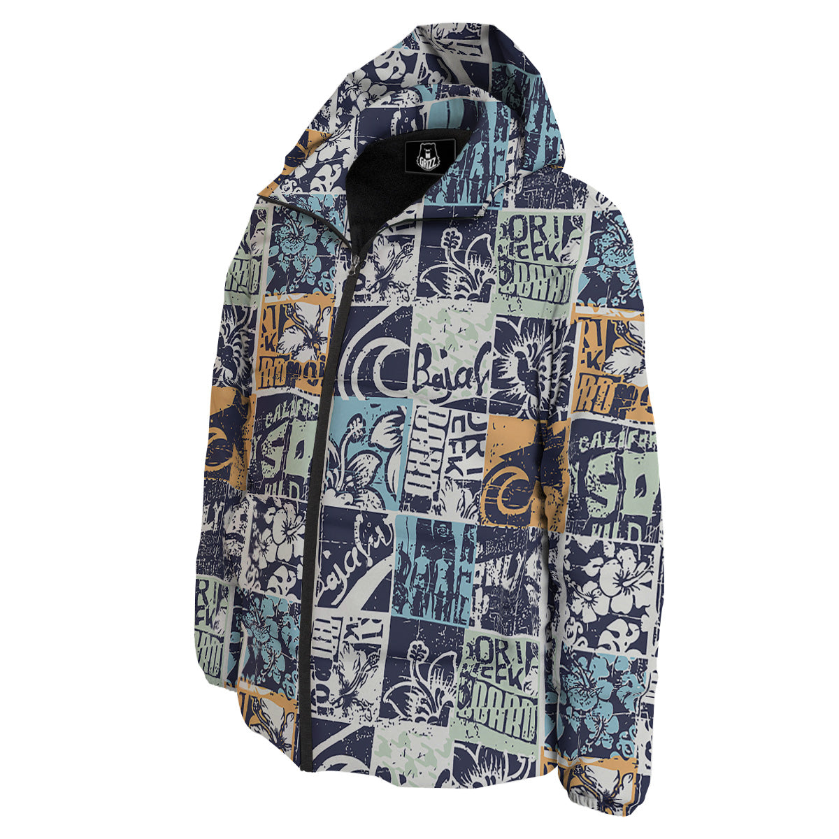 Vintage Patchwork Surfing Print Pattern Down Jacket-grizzshop