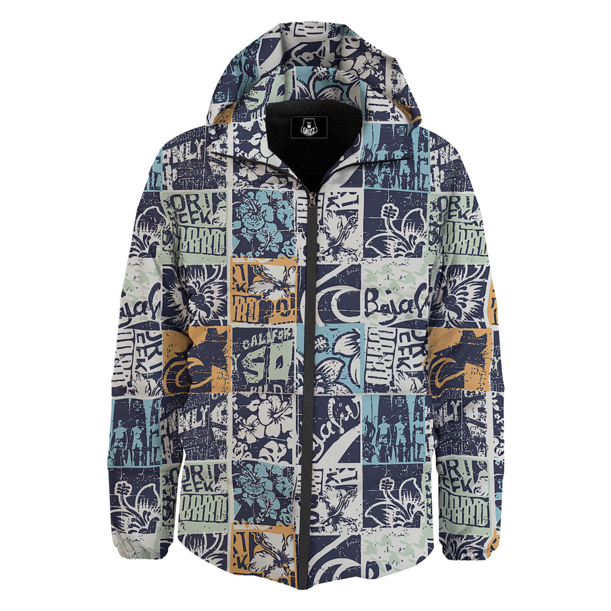 Vintage Patchwork Surfing Print Pattern Down Jacket-grizzshop