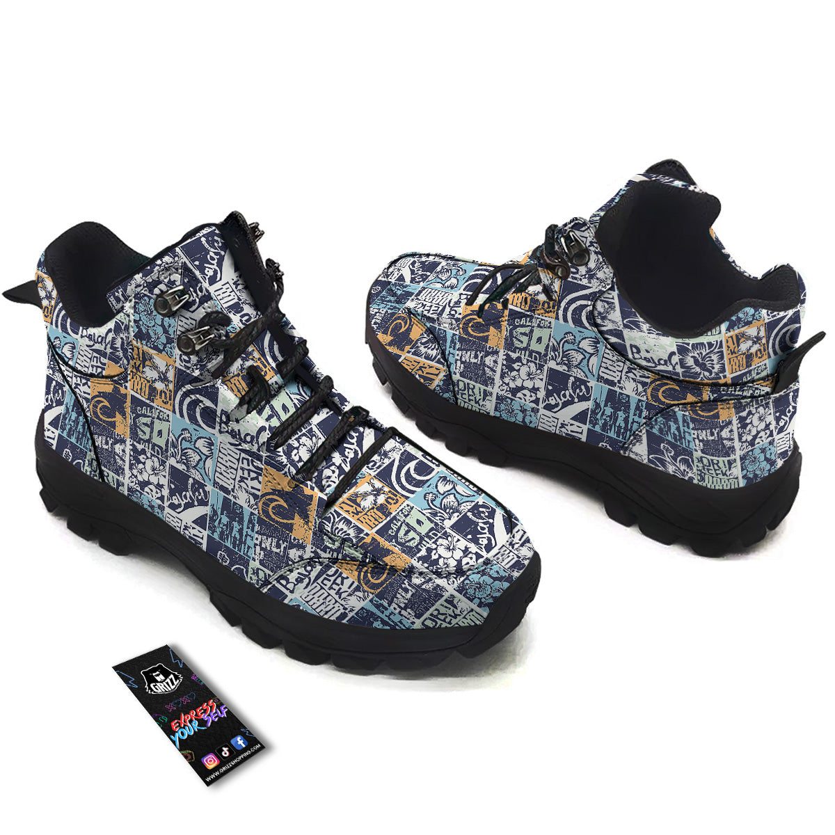 Vintage Patchwork Surfing Print Pattern Hiking Shoes-grizzshop
