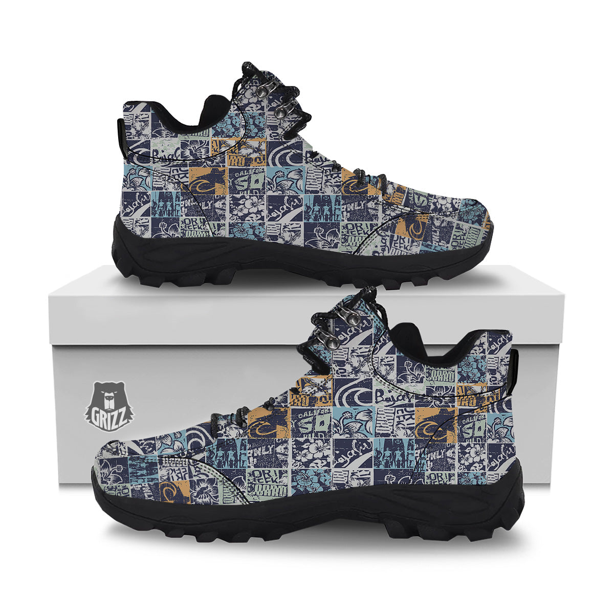 Vintage Patchwork Surfing Print Pattern Hiking Shoes-grizzshop
