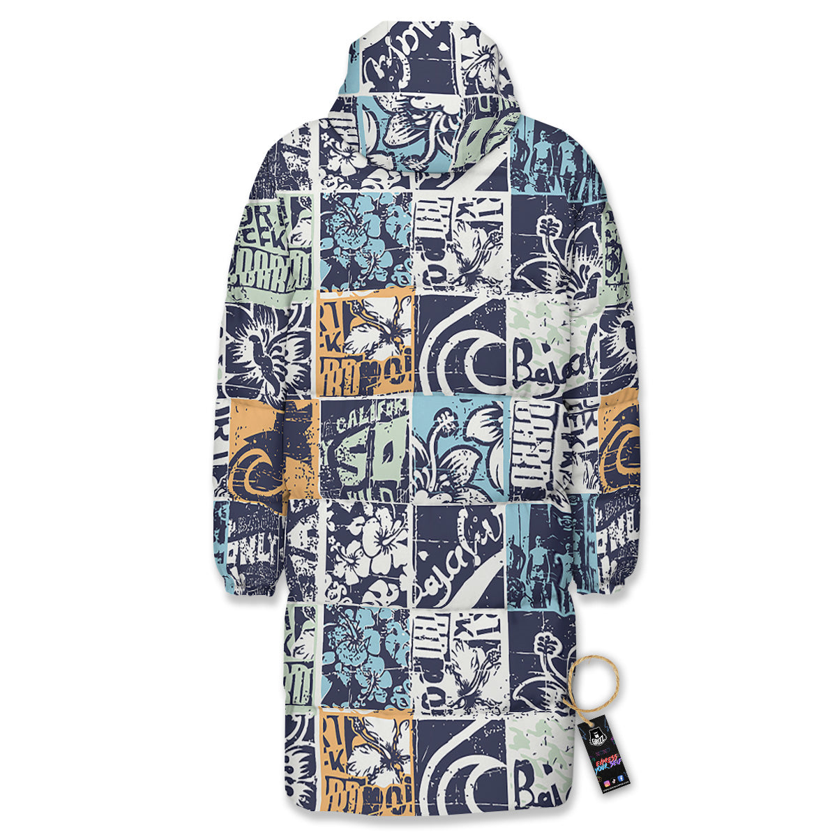 Vintage Patchwork Surfing Print Pattern Long Down Jacket-grizzshop