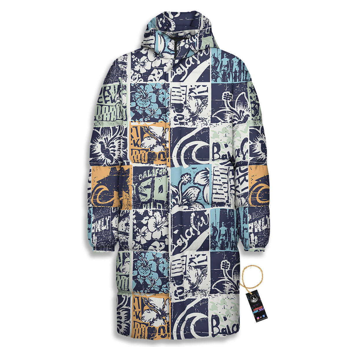 Vintage Patchwork Surfing Print Pattern Long Down Jacket-grizzshop