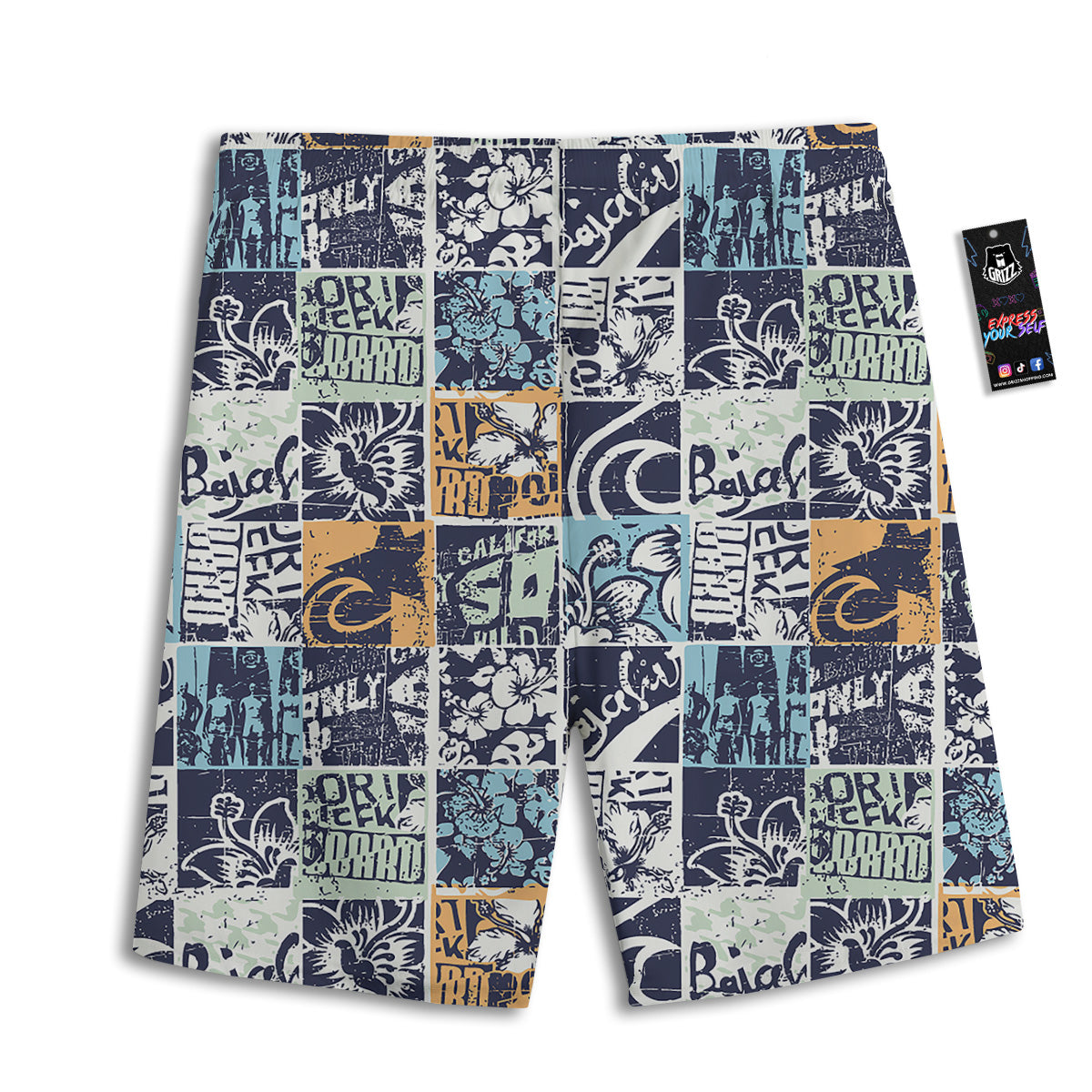 Vintage Patchwork Surfing Print Pattern Men's Athletic Shorts