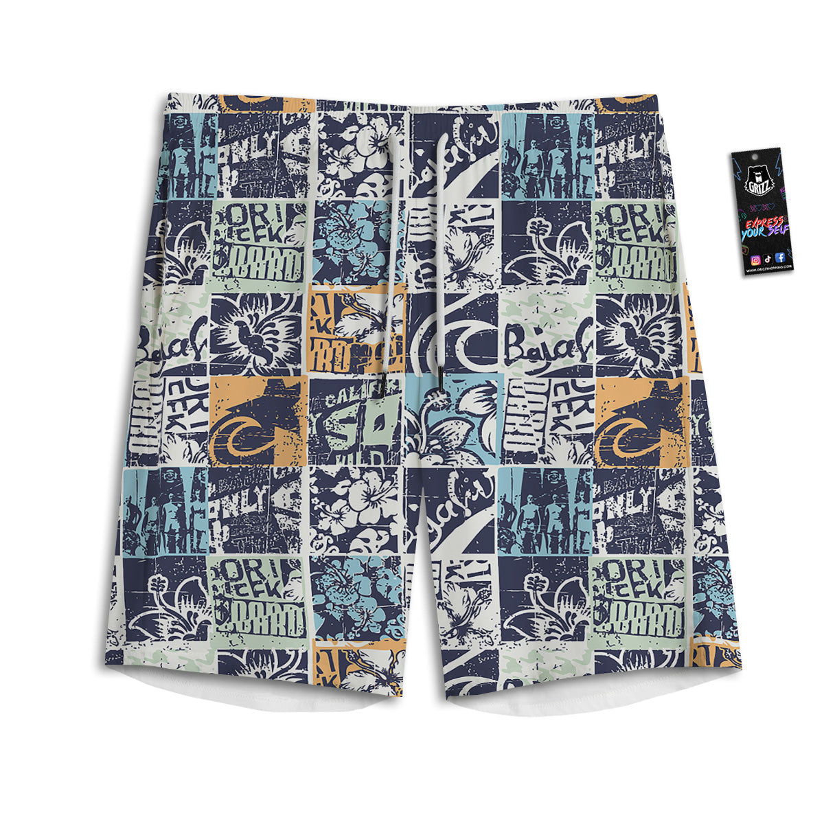 Vintage Patchwork Surfing Print Pattern Men's Athletic Shorts