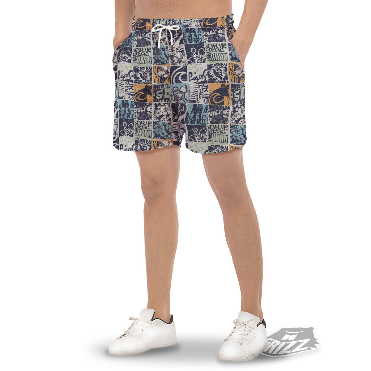 Vintage Patchwork Surfing Print Pattern Men's Gym Shorts-grizzshop