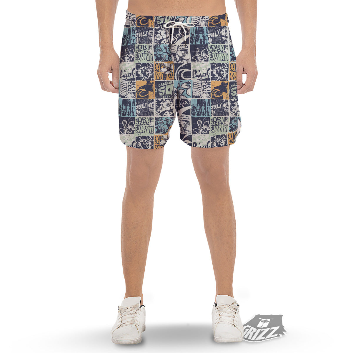 Vintage Patchwork Surfing Print Pattern Men's Gym Shorts-grizzshop
