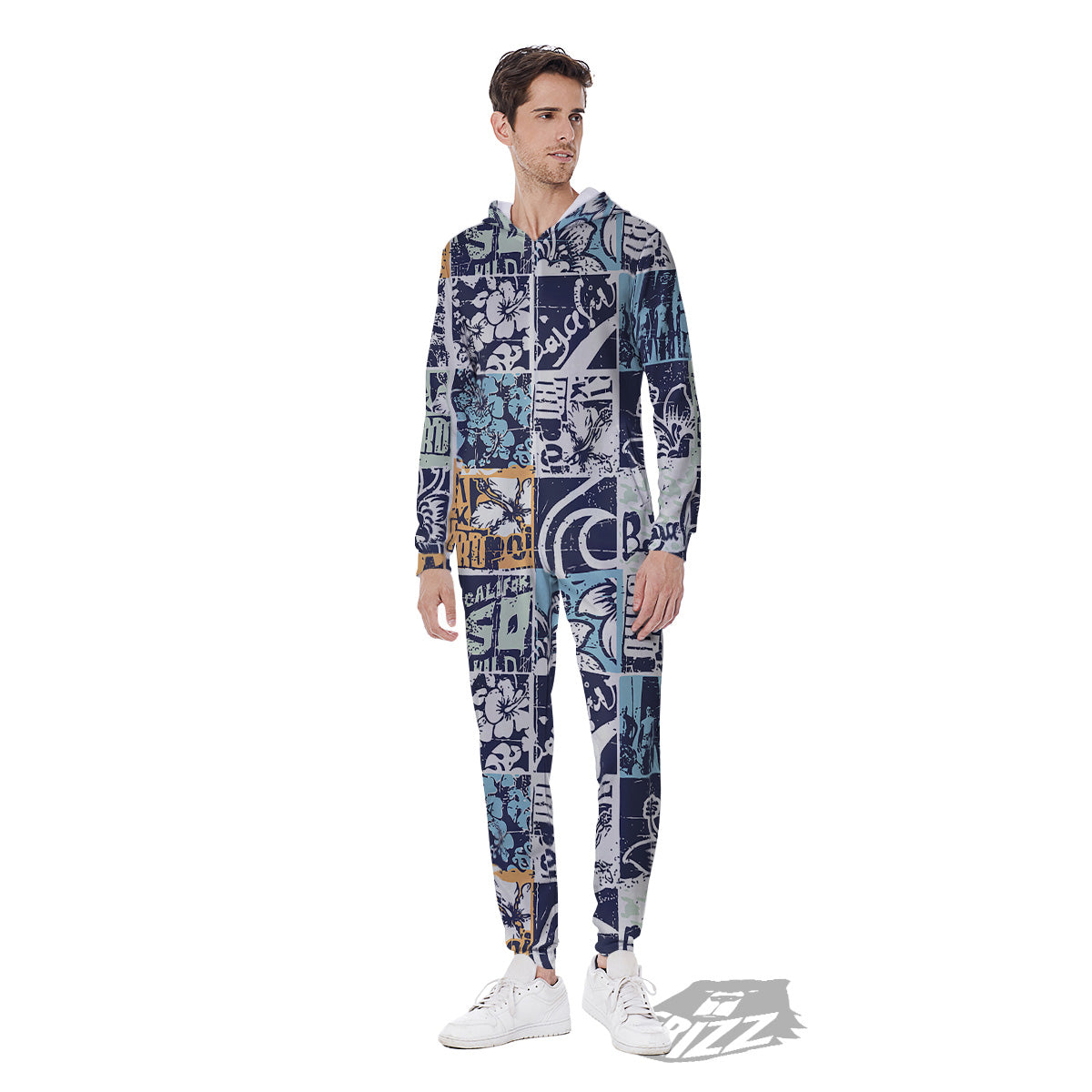 Vintage Patchwork Surfing Print Pattern Men's Jumpsuit-grizzshop