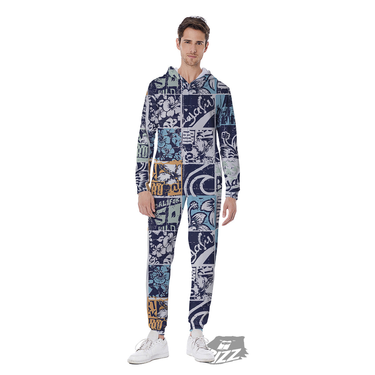 Vintage Patchwork Surfing Print Pattern Men's Jumpsuit-grizzshop