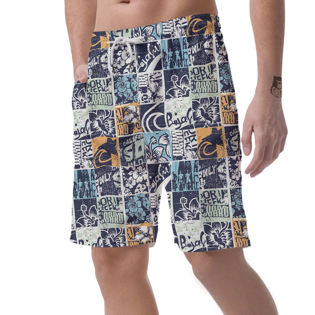Vintage Patchwork Surfing Print Pattern Men's Shorts-grizzshop
