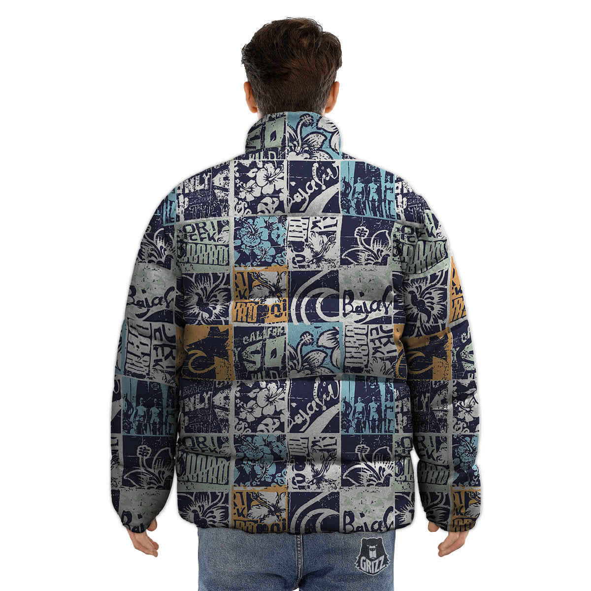 Vintage Patchwork Surfing Print Pattern Puffer Jacket-grizzshop
