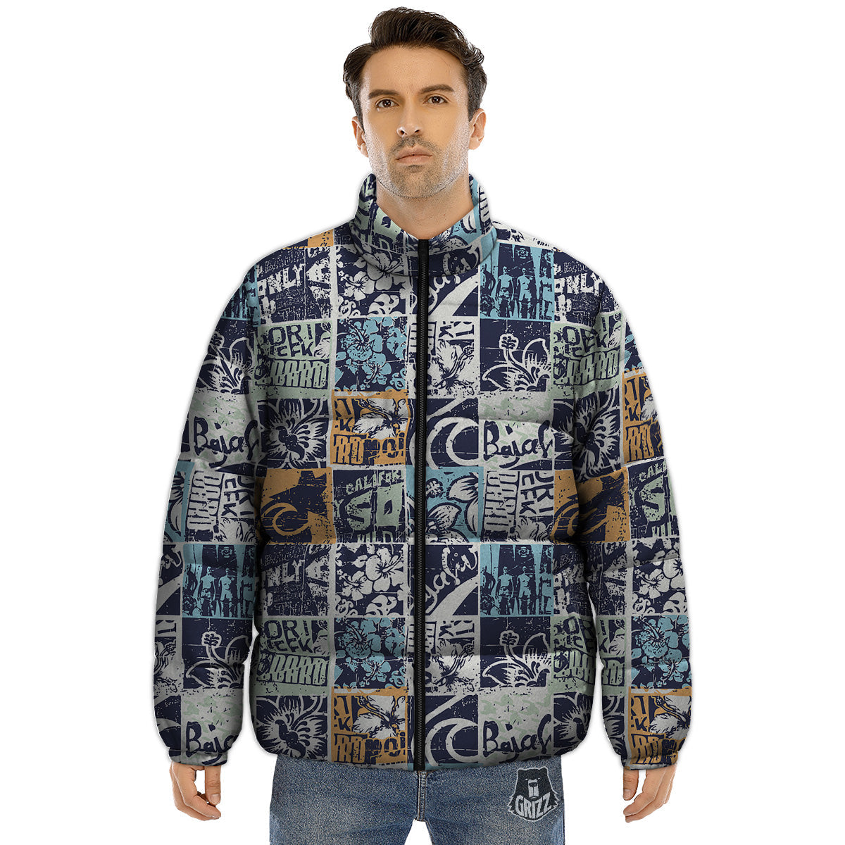Vintage Patchwork Surfing Print Pattern Puffer Jacket-grizzshop