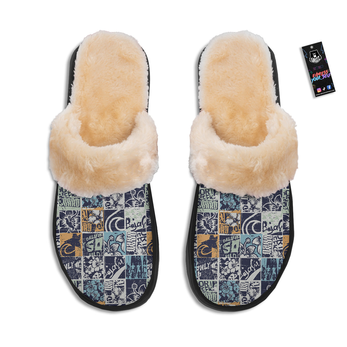 Vintage Patchwork Surfing Print Pattern Slippers-grizzshop