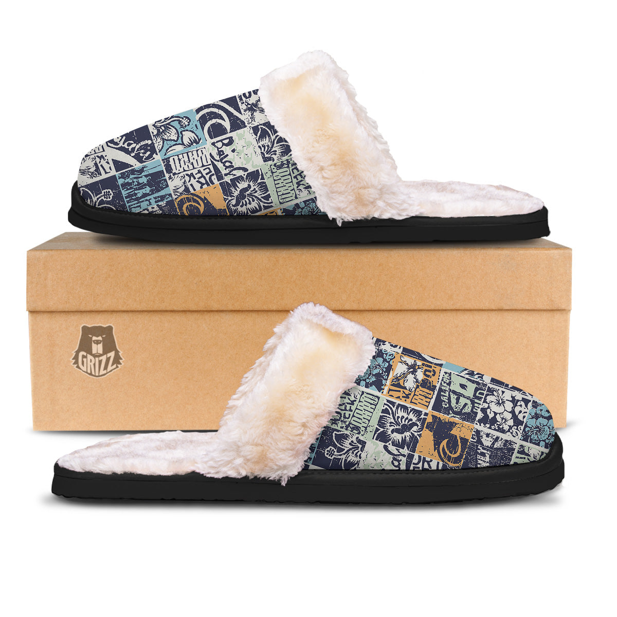 Vintage Patchwork Surfing Print Pattern Slippers-grizzshop