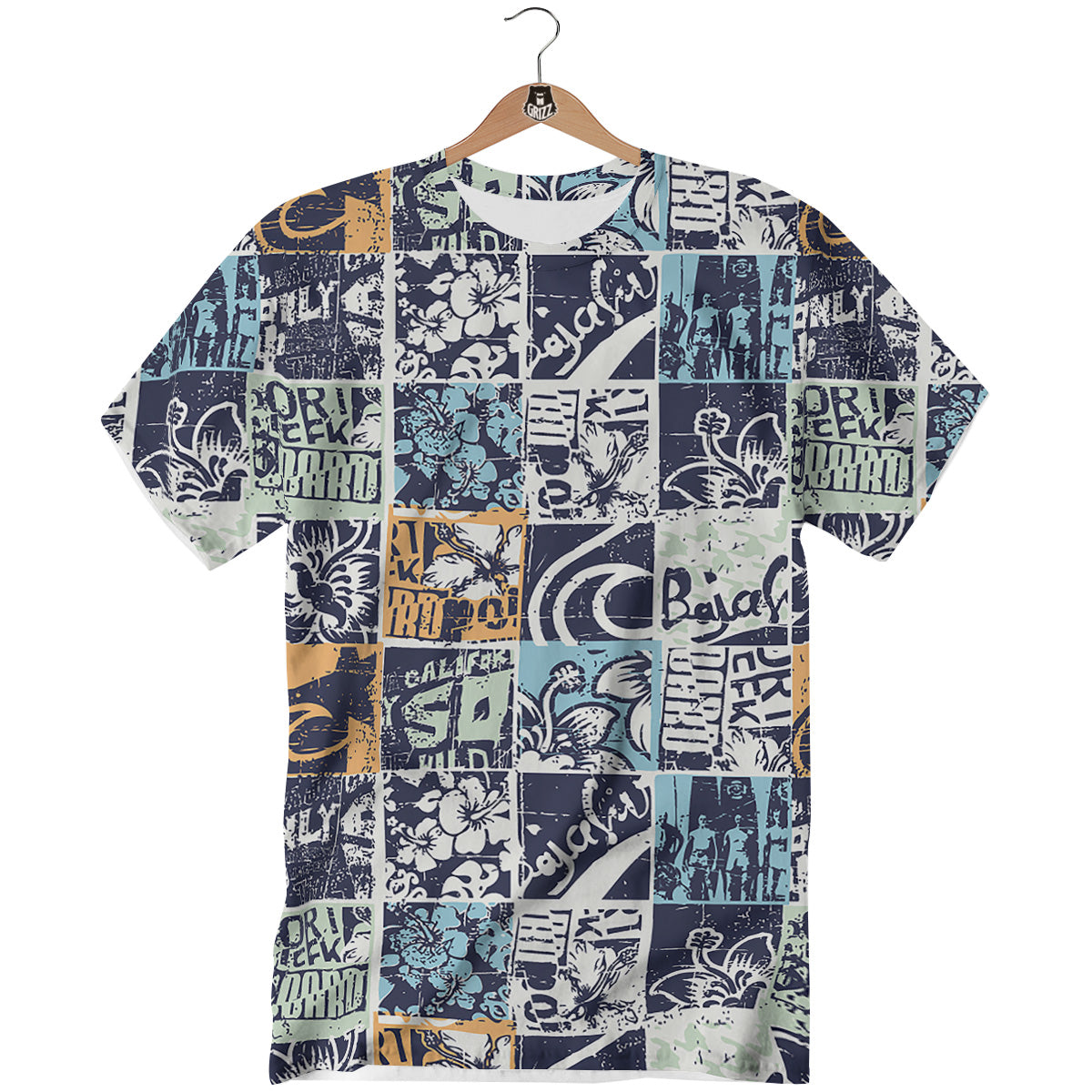 Vintage Patchwork Surfing Print Pattern T-Shirt-grizzshop