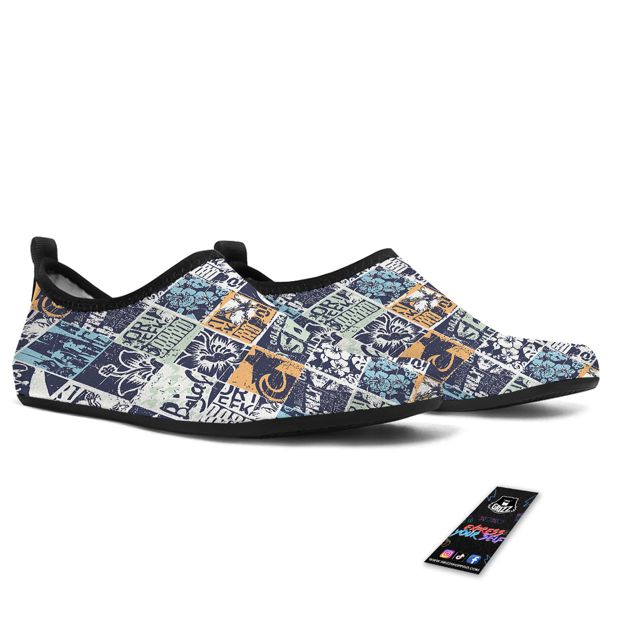 Vintage Patchwork Surfing Print Pattern Water Shoes-grizzshop