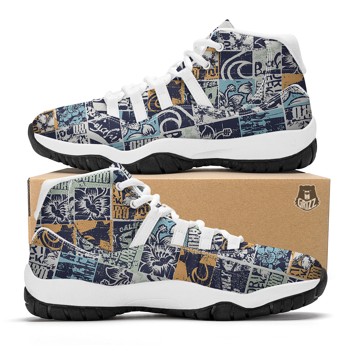 Vintage Patchwork Surfing Print Pattern White Bball Shoes-grizzshop