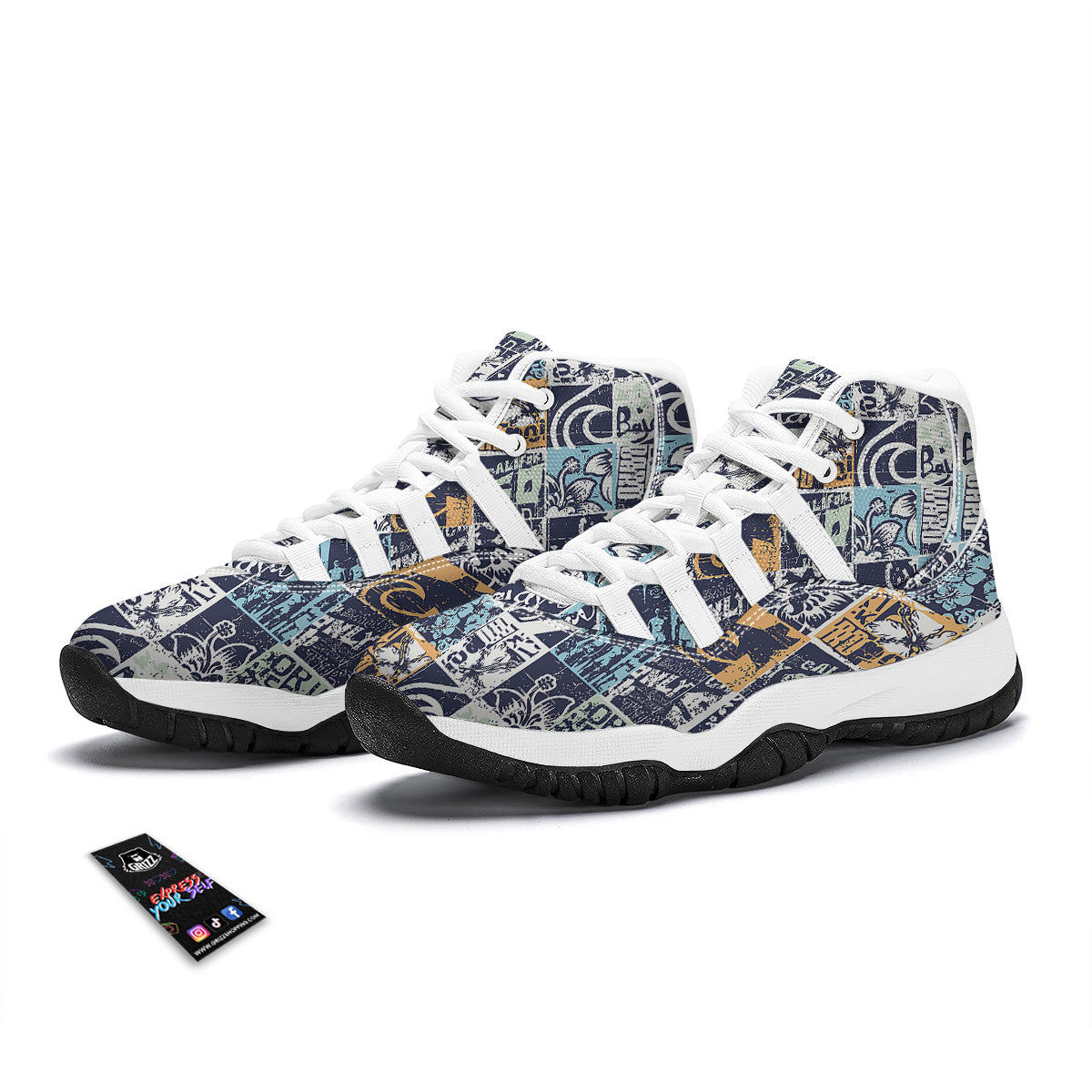 Vintage Patchwork Surfing Print Pattern White Bball Shoes-grizzshop