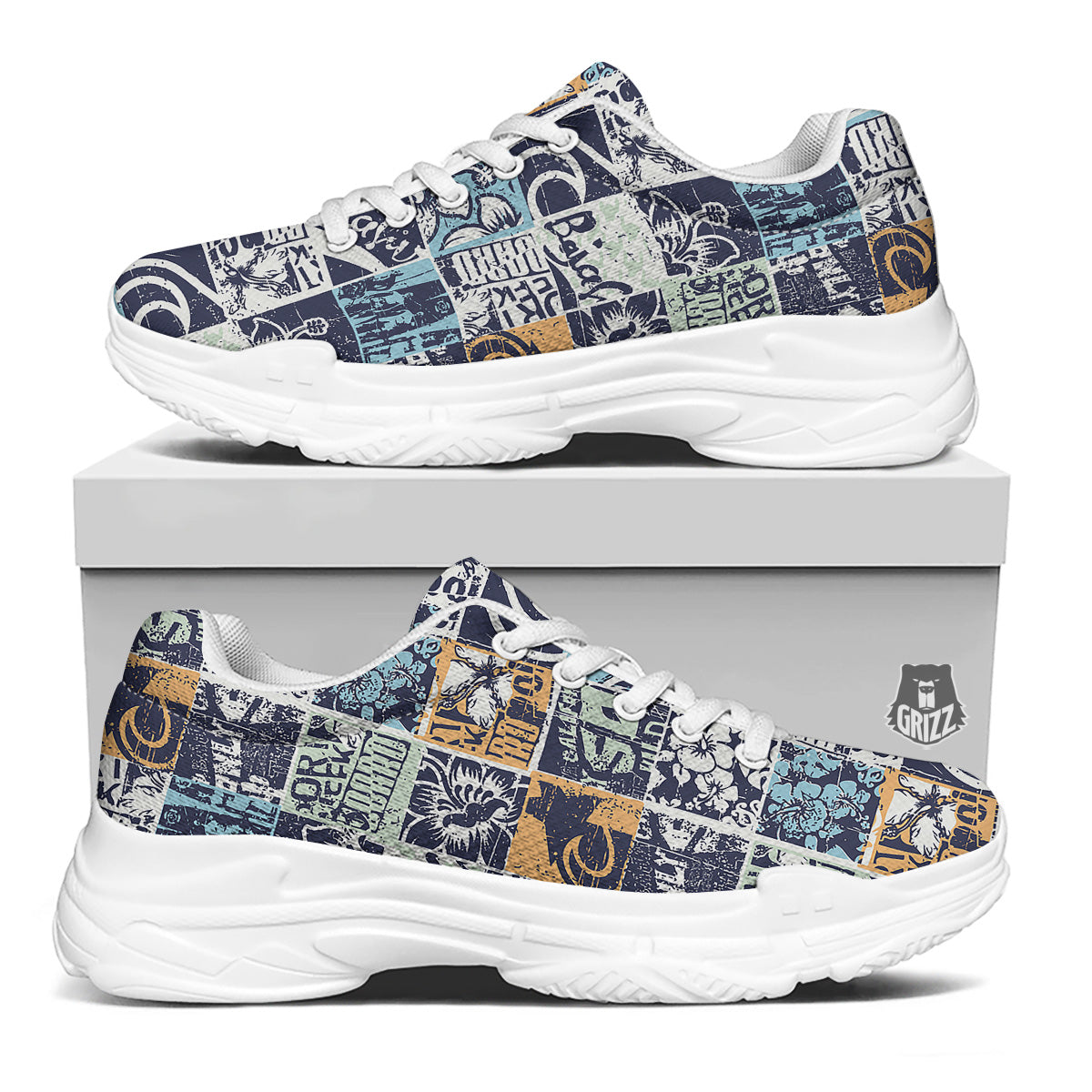 Vintage Patchwork Surfing Print Pattern White Chunky Shoes-grizzshop