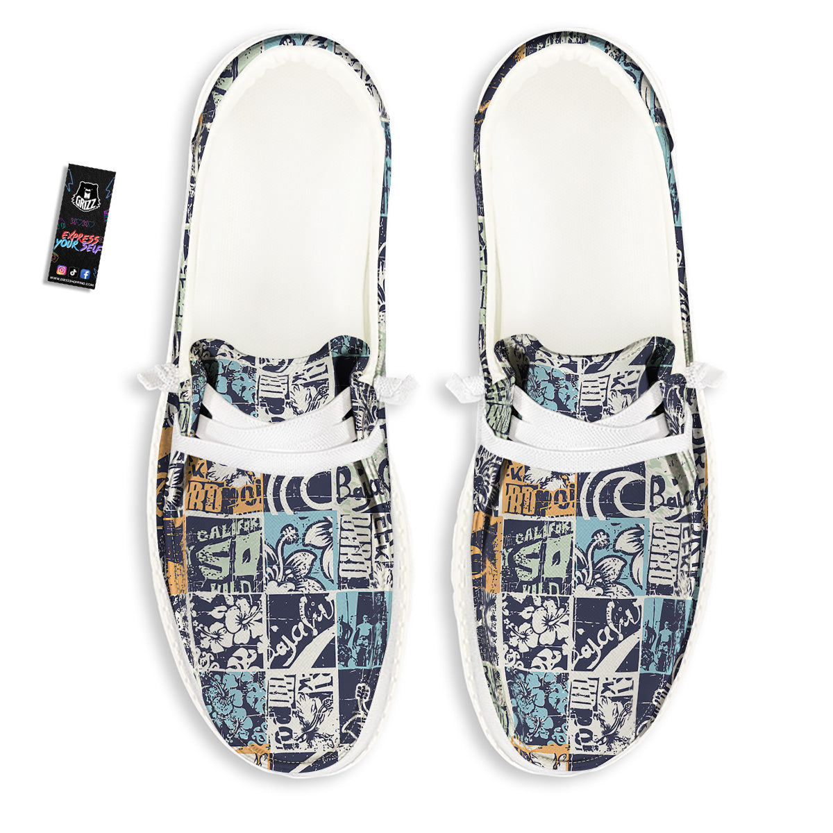 Vintage Patchwork Surfing Print Pattern White Loafers-grizzshop