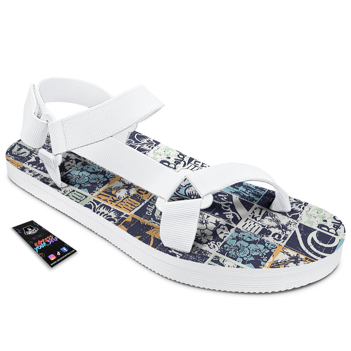 Vintage Patchwork Surfing Print Pattern White Open Toe Sandals-grizzshop