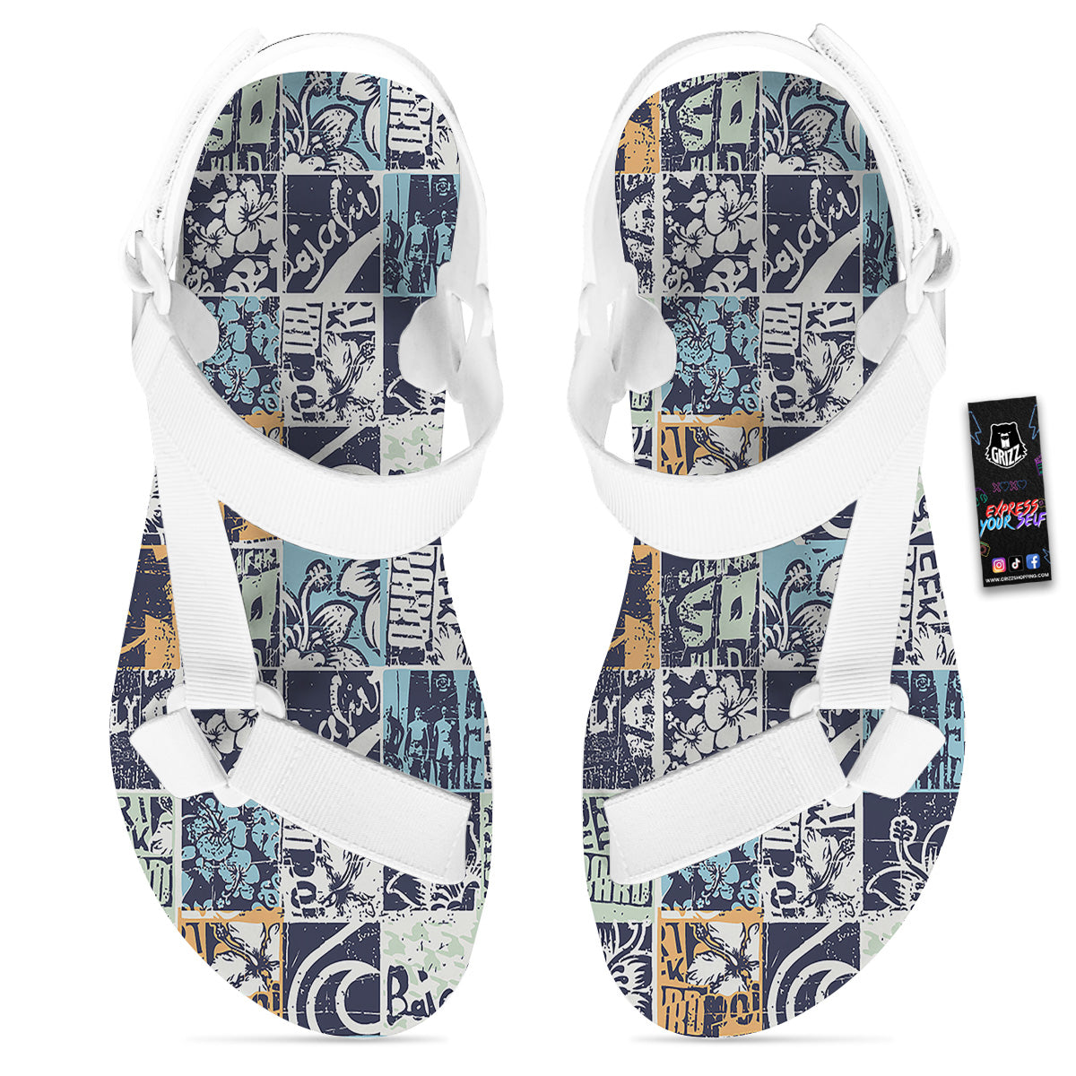 Vintage Patchwork Surfing Print Pattern White Open Toe Sandals-grizzshop