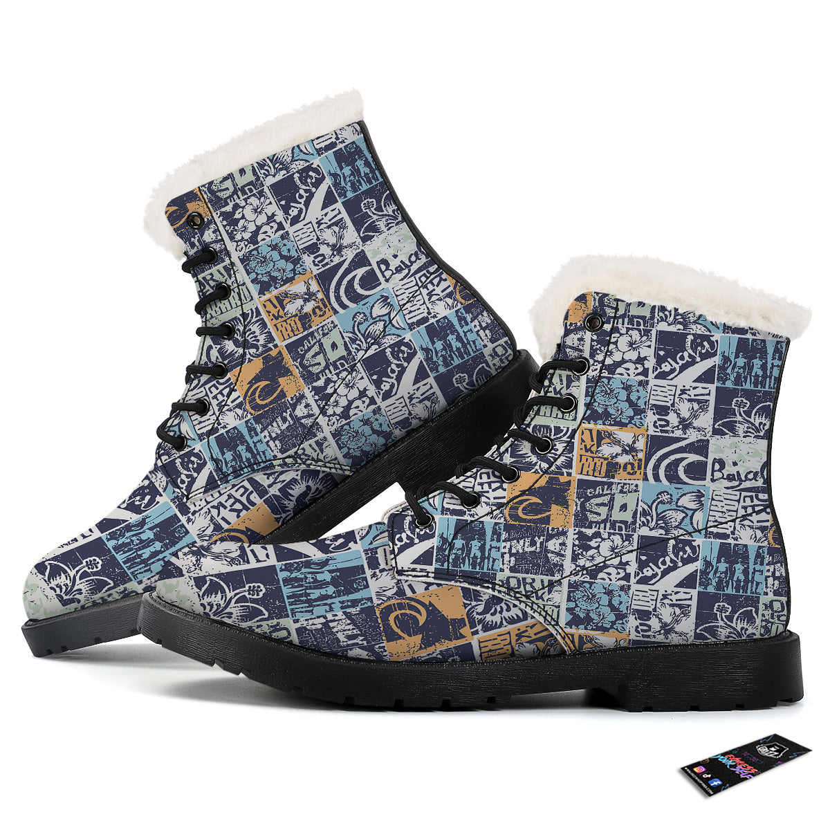 Vintage Patchwork Surfing Print Pattern Winter Boots-grizzshop