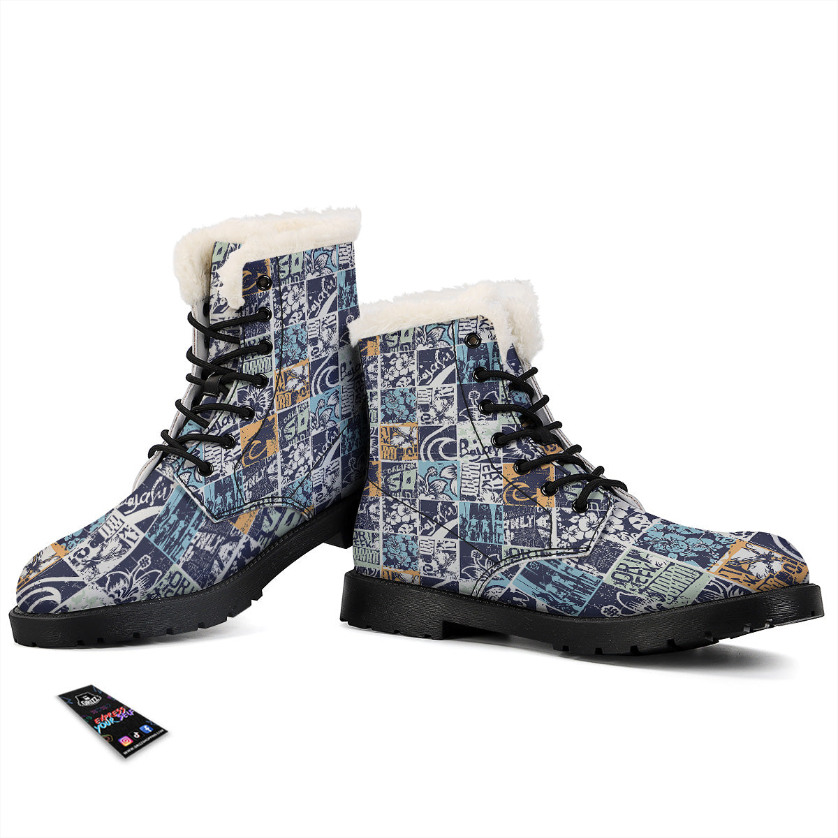 Vintage Patchwork Surfing Print Pattern Winter Boots-grizzshop