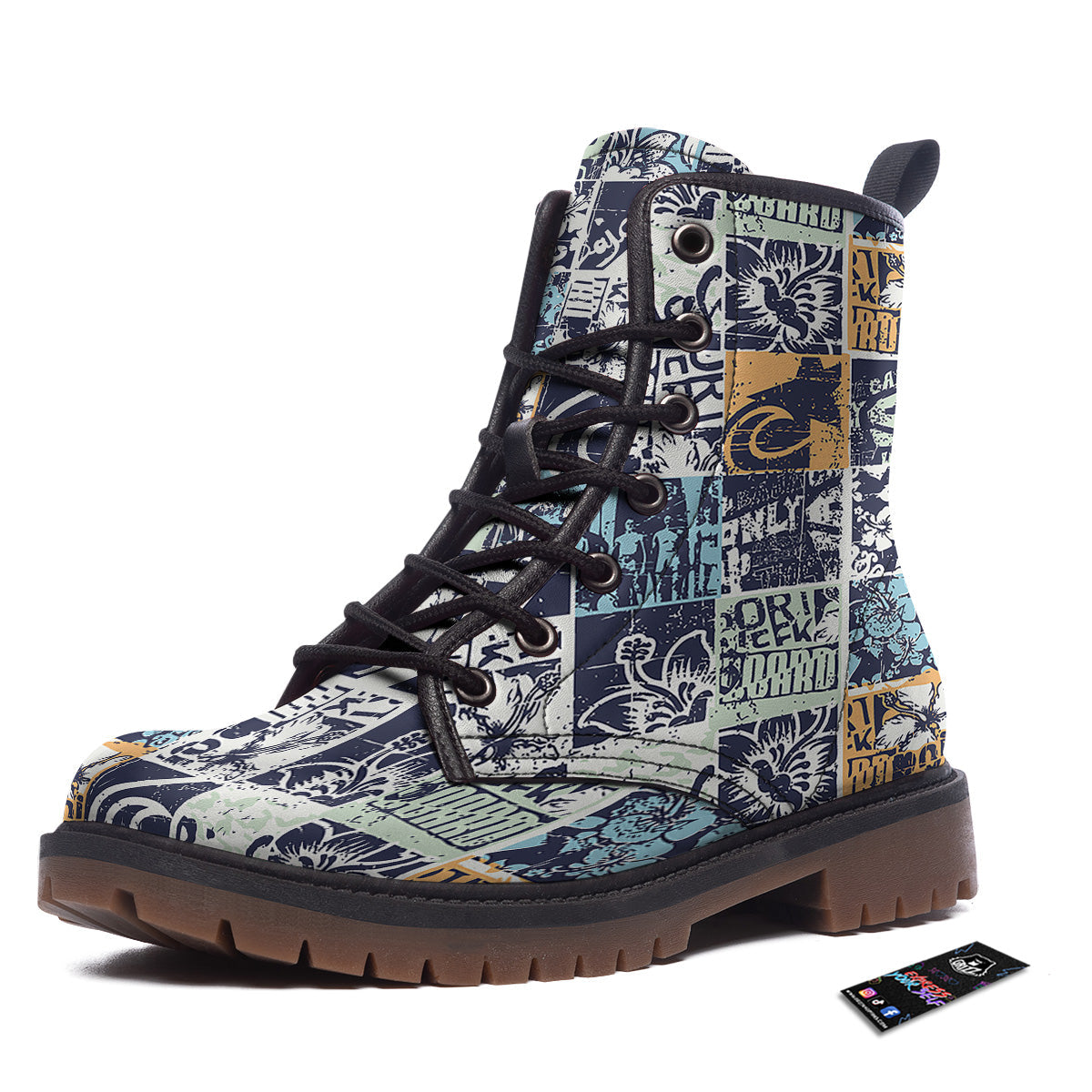 Vintage Patchwork Surfing Print Pattern Work Boots-grizzshop