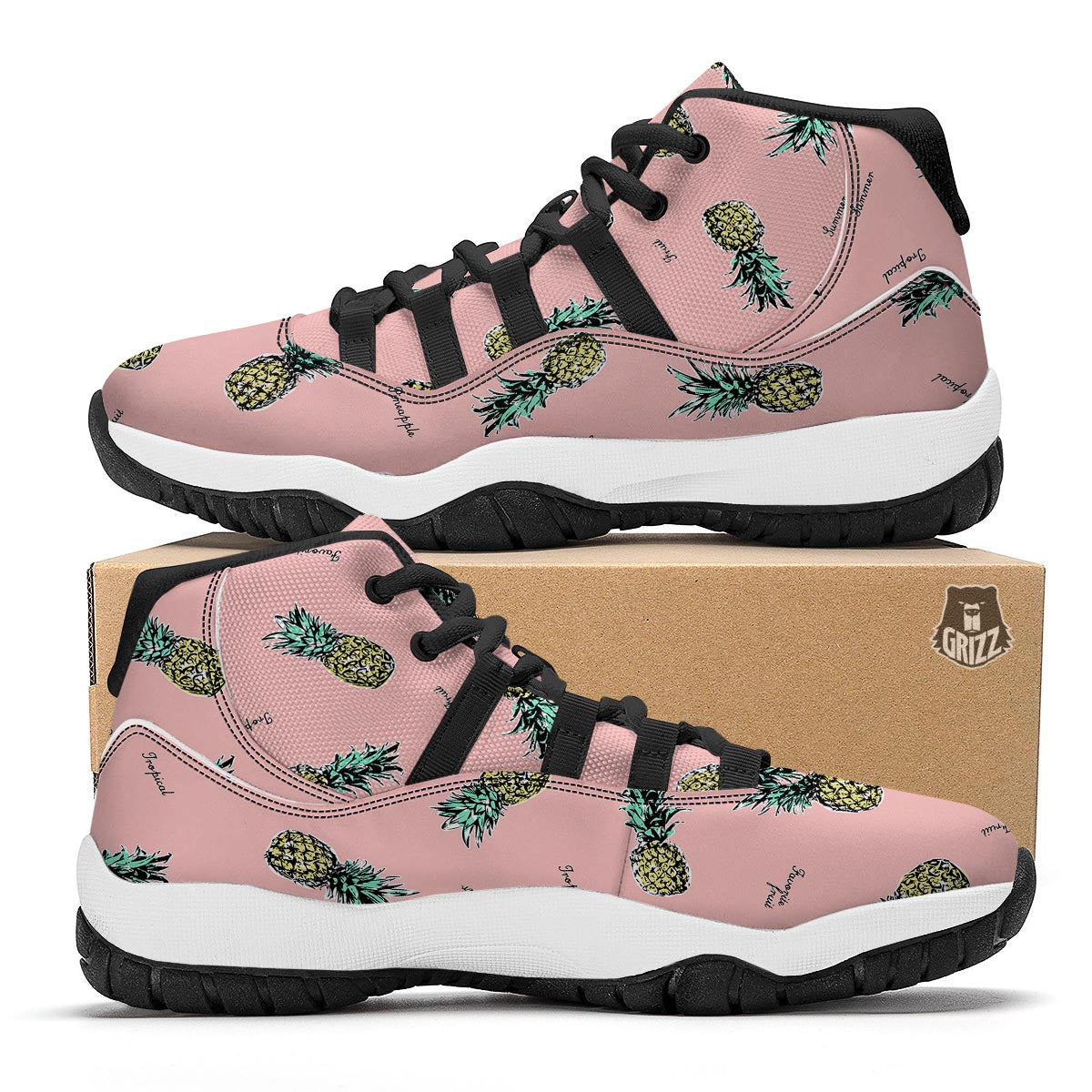 Vintage Pink Pineapple Print Black Bball Shoes-grizzshop