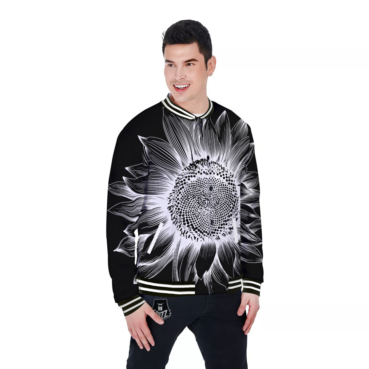 Vintage Sunflower White And Black Print Baseball Jacket-grizzshop