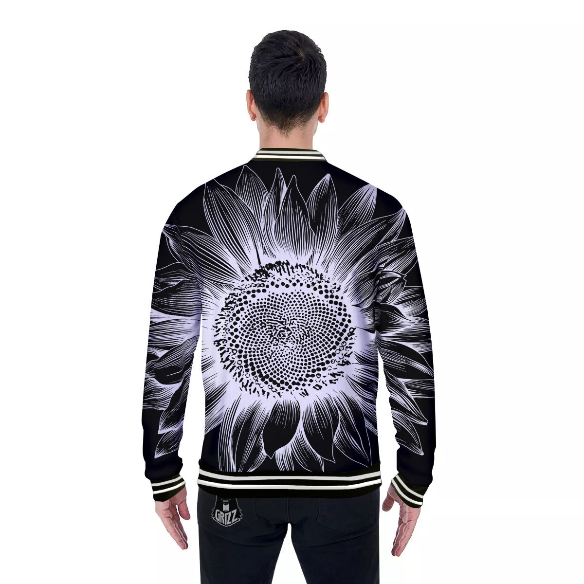 Vintage Sunflower White And Black Print Baseball Jacket-grizzshop