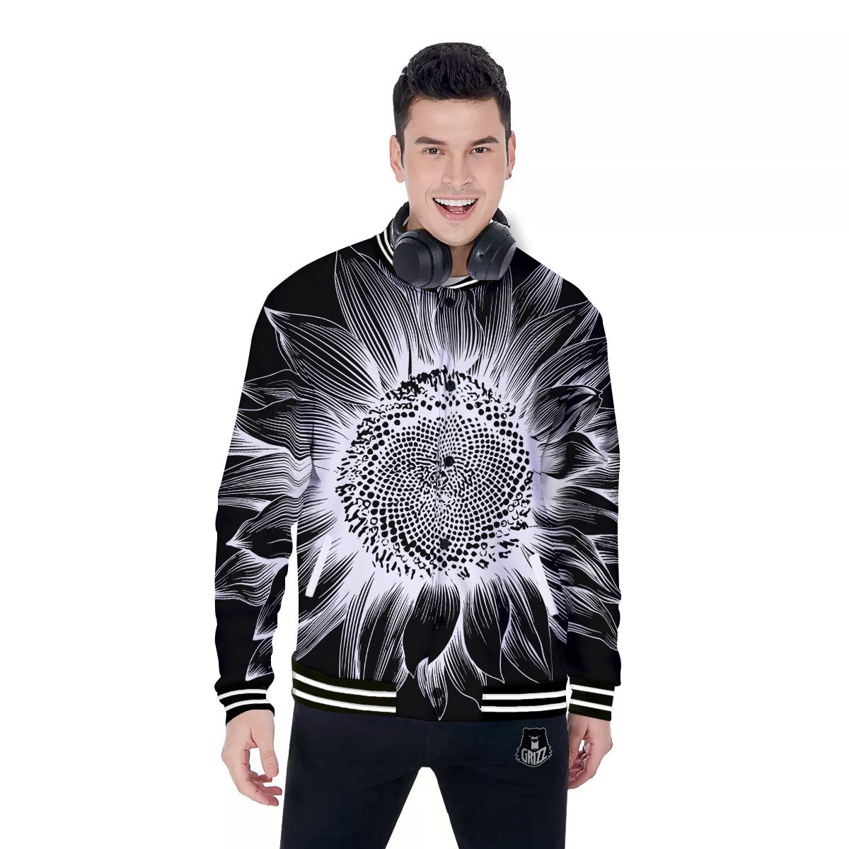 Vintage Sunflower White And Black Print Baseball Jacket-grizzshop